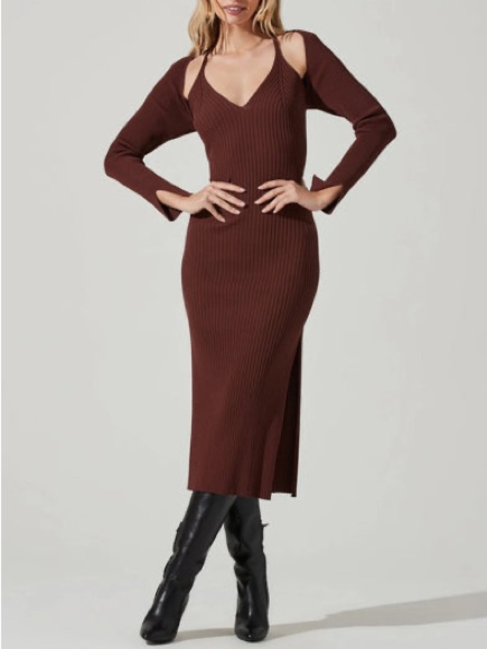 Astr Abella Dress - Brown Ribbed V-Neck Long Sleeve Maxi - Size Large